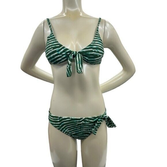 Aerie American Eagle M Side Tie Bikini Green Mod Stripe Print Real Good Swim - Picture 1 of 11